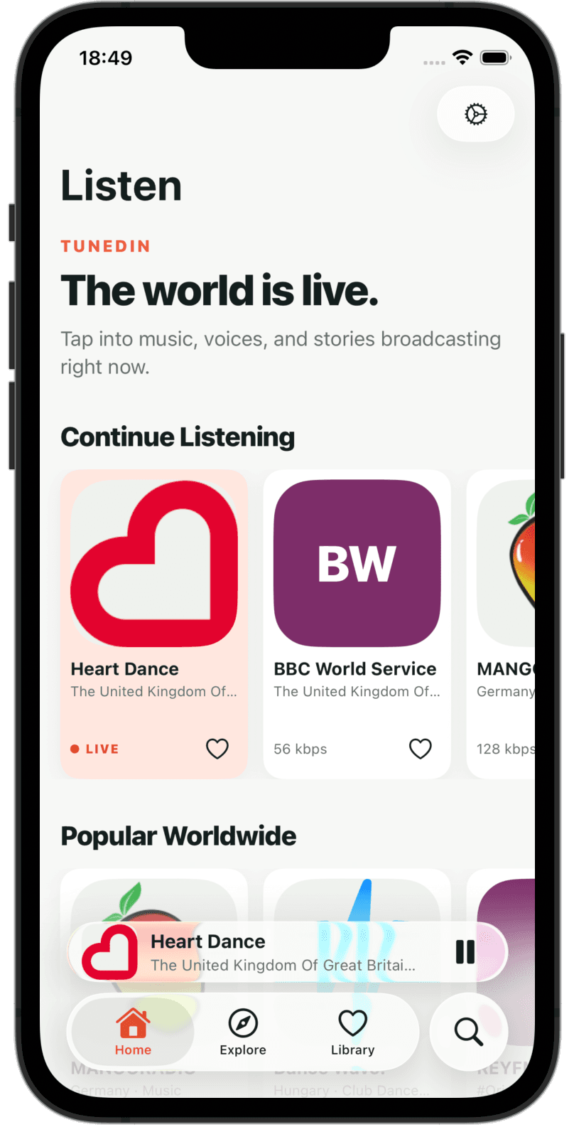 TunedIn app showing live radio stations from around the world